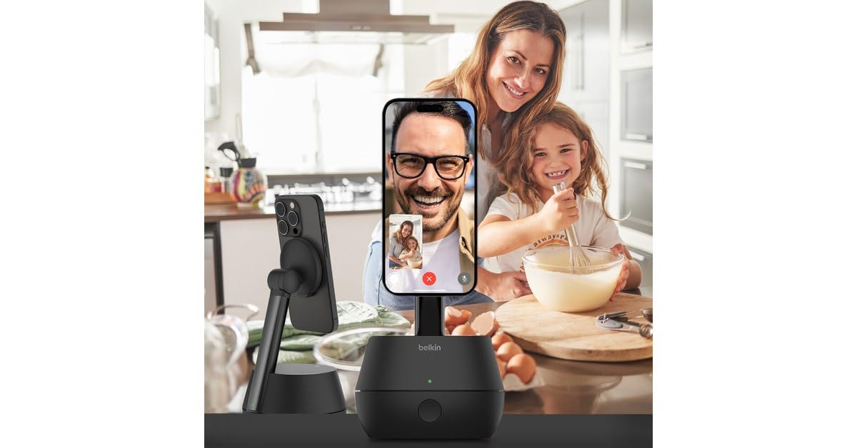 Belkin Supporto Pro con tracking automatico con DockKit, caricatore wireless da 15 W con MagSafe, rotazione di 360°, integrazione iOS per iPhone 16/15/14/13/12, alimentatore con cavo da 1,5 mm