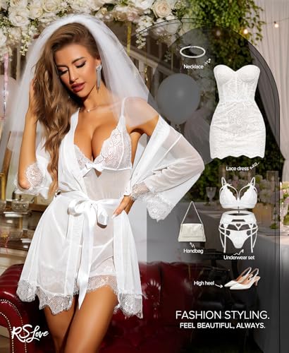 Image of RSLOVE Women Sexy Lingerie Set 3 Piece Babydoll & Lace Kimono Robe Strap Chemise Sleepwear Mesh Nightgown