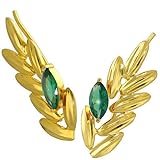 Boho Leaf Ear Climber Earrings, 925 Sterling Silver, Gold Plated with Green Zircon, Hypoallergenic and Nickel-Free - Handmade by Emmanuela