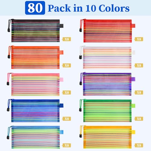 Image of TooyBing 80 Pcs Pencil Pouches Bulk, 10 Color Mesh Zipper Pouch Pencil Case, 9x4.7 inches Small Zipper Bags for Office /School /Home Organization Supplies, Multipurpose Travel Storage Bags