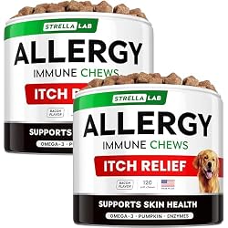 StrellaLab Dog Allergy Relief & Anti Itch Support Chews w/Omega 3: Real Ingredients, Real Taste! Skin & Coat Immune Supplement w/Fish Oil, Pumpkin & Enzymes — Developed by Experts - Made in USA -240Ct
