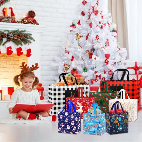 DULEFUN 20pcs Christmas Gift Tote Bags 10 Styles Xmas Treat Non-Woven Bags Reusable Large Medium Small Xmas Shopping Wrapping Bags for Christmas Holiday Party Favors Supplies