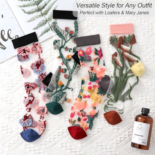 Image of DXYAKY Women's Sheer Floral Embroidered Socks - Vintage Transparent Thin Mesh Crew Socks, Cute & Fashion Lace Aesthetic Ankle