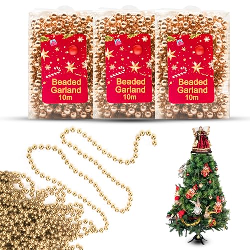 Image of 3x Rose Gold 10M Christmas Tree Beads Garlands, Metallic Bead Chain, Xmas Beaded Decoration for Home, Party, Indoor & Outdoor Use, DIY Crafts, Art and Jewellery Making