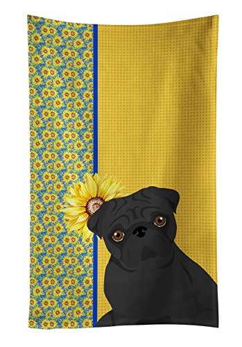 Caroline's Treasures WDK5471KTWL Summer Sunflowers Black Pug Kitchen Towel Dish Cloths Guest Hand Towel Decorative Bathroom Towel for Face,Tea, Dishcloth, Kitchen and Bath