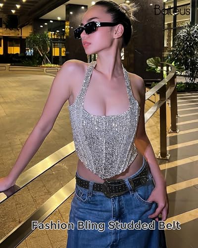 Image of Sparkly Rhinestone Diamond Sequin Studded Belt for Men & Women - Western Cowgirl Cowboy Style