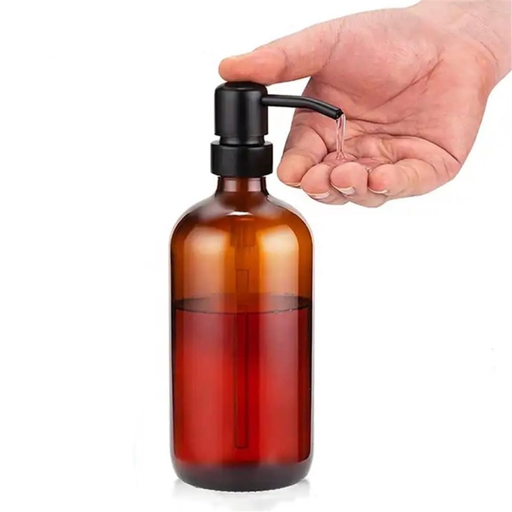 Dosificador Jabon Cabezal de Bomba de Acero Inoxidable, 500 ml, Botella de loción de Vidrio marrón, dispensador de jabón, Paquete de Dos Dispensador Jabon Baño