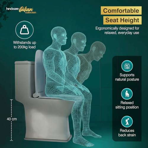 Image of Hindware Italian Collection Ascent One-piece EWC for Bathroom | S-300 Trap | Made of Ceramic | 10-year Warranty | 6D Syphonic Flushing | Duroplast Seat Cover | Rimless Design | Soft Close