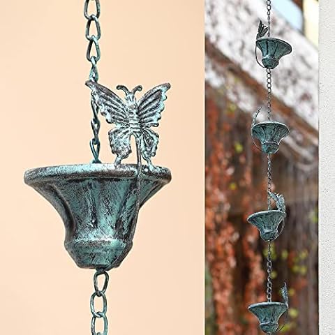 Retrome Metal 8-1/2 Feet Length Butterfly & Cup Rain Chains, Replacement Downspout for Gutters, Distressed Blue Cover