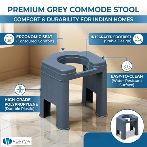 Image of Veayva FlexEase Commode Stool - Wide Seat, Non-Rust Plastic, Knock-Down Design | Shower-Friendly Toilet Stool for Elderly, Disabled, Adults | Lightweight & Hygienic (Stone Grey)