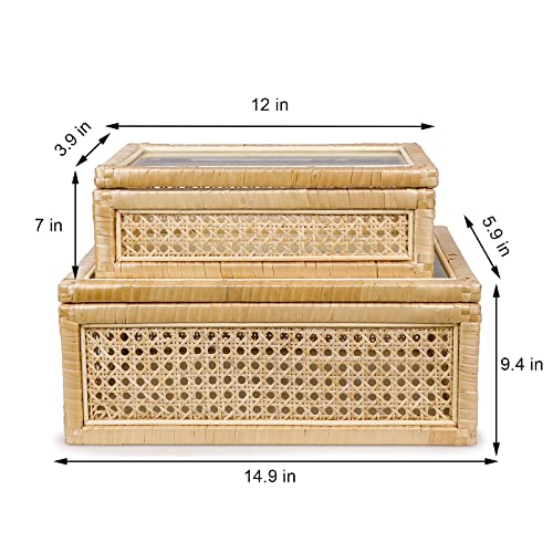 Poprhino Rattan Decorative Box With Glass Lids, Rectangular Decorative Boxes For Home Décor, Rattan Woven Case For Display, Set Of 2 Wicker Storage Decoration #TOP2