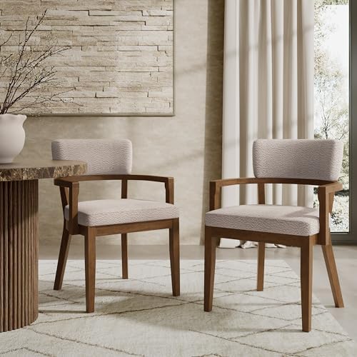 Christopher Knight Home Jarvan Boucle Upholstered Dining Chairs Set of 2, Mid Century Modern Kitchen Chair with Open Backrest and U-Shape Armrest, Wooden Living Room Chairs Set of 2, Khaki + Walnut - Thumbnail 4