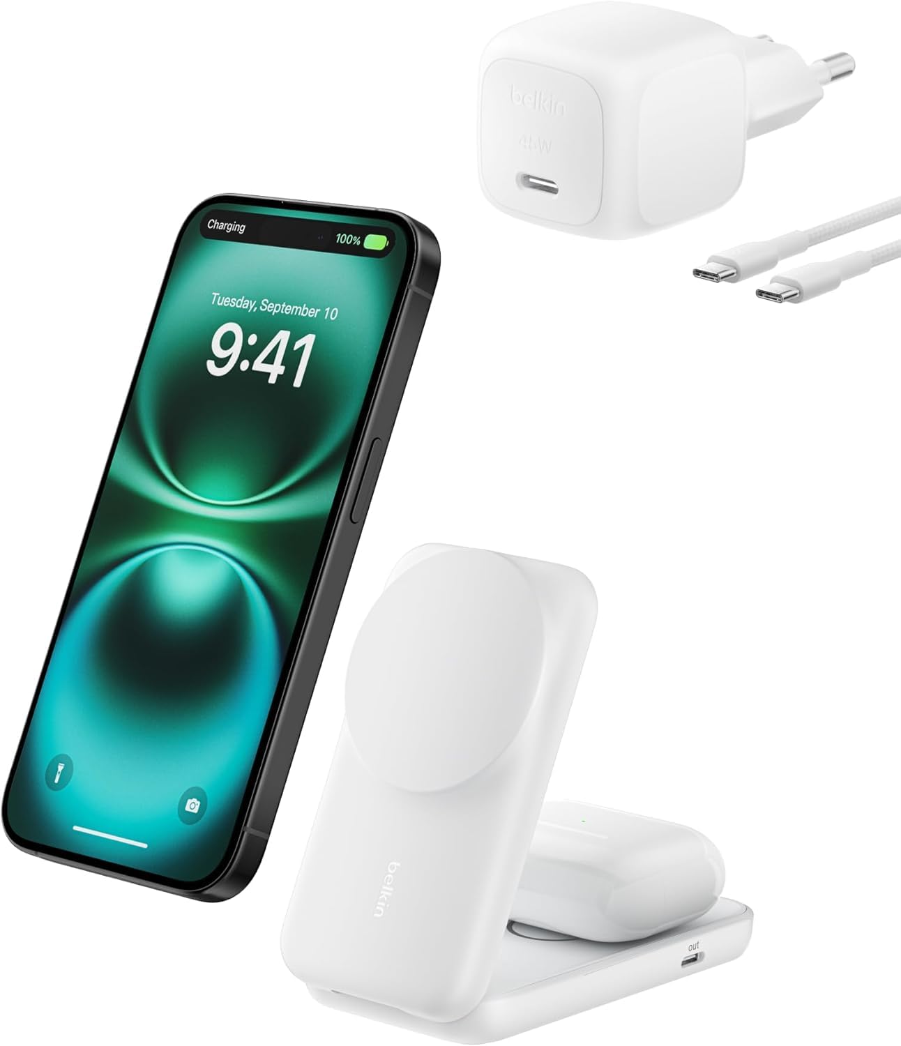 Belkin UltraCharge - Caricabatterie wireless 2 in 1, certificato Qi2.2, stazione di ricarica compatibile con MagSafe per iPhone 17, Air, AirPods, Pixel Snap, supporto magnetico con porta