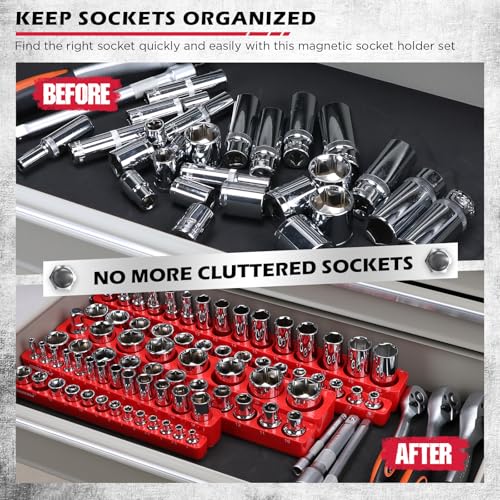 6-Piece 1/4" 3/8" 1/2"-Driver Metric Magnetic Socket Organizer Set (Holds 75 Sockets) - Detachable Tool Tray with 5mm Magnetic Base for Garage/Home(Sockets Not Included)