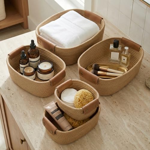 Beautiful Storage Basket Set of 5 - Sturdy Jute Rope Baskets for Shelves Are Perfect for Organizing Your Home - Quality Storage Bins Easily Fit With...
