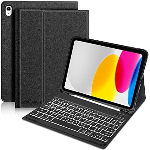 SENGBIRCH 10th Generation iPad Case with Keyboard (10.9", 2022), 7-Color Backlight, Auto Aleep/Wake, Flip Stand Case with Pencil Holder, Wireless Bluetooth, for New iPad 10th Generation 2022, Black Cover