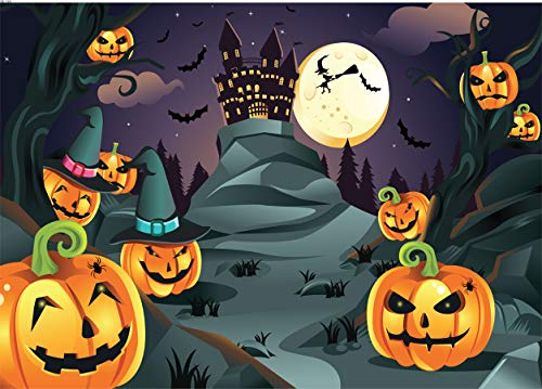 CYLYH 10x8ft Halloween Themed Photography Backdrop Castle Pumpkin Head Flying Bats Under Moonlight Background Photo Studio Props D188