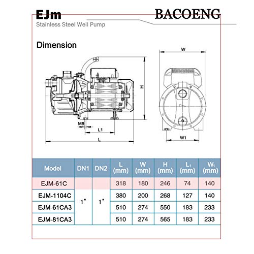 BACOENG 900GPH Shallow Well Jet Pump with Pressure Switch 20-40psi Stainless Steel Water Pump to Supply Fresh Water to Residential Homes Farms Cabins - Thumbnail 6