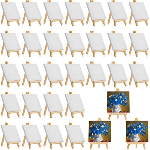 Mimorou 32 Pack Mini Canvas with Easel Sets for Painting Small Art Stretched Canvas Panels Pack with Wood Display Easel for Classroom Crafts Art Projects Birthday Paint Party Favors (4 x 4 Inch)