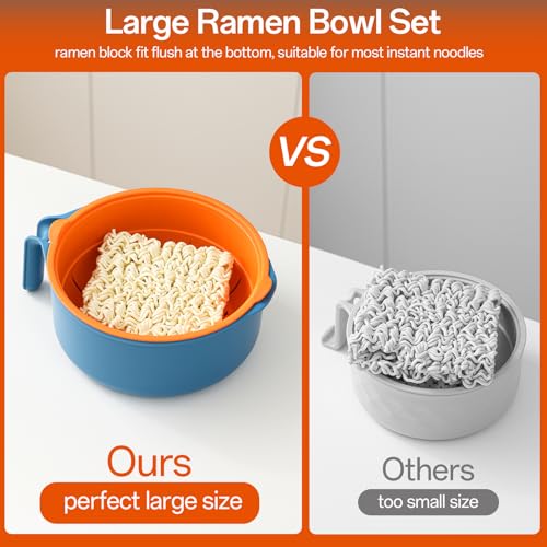 Image of Large Ramen Bowl Set, Microwave Noodle Pasta Cooker with Lid and Strainer, Microwave Steamer for Vegetables, with Stainless Steel Chopsticks, Spoon, Fork, for Office, College, Dorm, Gift (Orange)