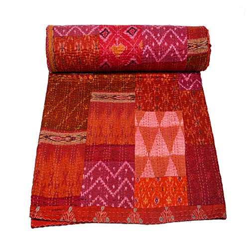 Marubhumi Indian Handmade Quilt Indian Silk Sari Kantha Quilted Patchwork (Red, Twin (60"x 90"))