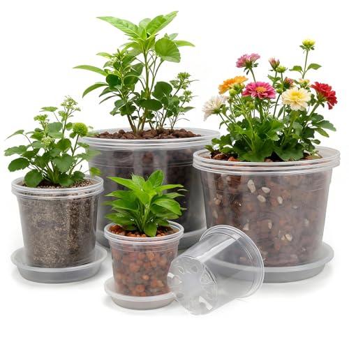 GUGEMEI 10/8/6/4 Inch Clear Nursery Pots with Drainage Holes and Saucers 12 Pack Large Clear Pots for Plants Variety Pack Plastic Nursery Pots for Succulents Seedings Herbs Flowers Vegetables