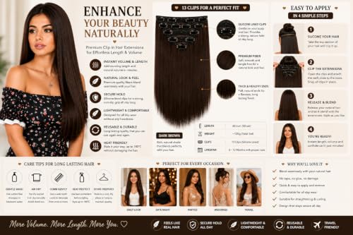 Image of Salon-Grade Dark Brown Straight Clip-in Extensions - 6PCS Synthetic Hair Volumizer with 13 Secure Clips for Instant Volume & Realistic Blend