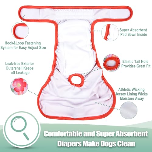Image of wegreeco Female Dog Diapers, Washable Reusable Pet Puppy Doggie Diapers for Small Medium Large Female Dogs in Heat Period, Doggy Period Panties, 5 Pack, Large, Blossoms