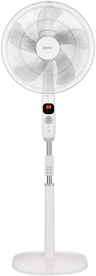 Igenix DF1670 Digital Pedestal Fan – 12 Speed Settings, Oscillating with Remote, LED Display, Timer & Silent/Natural Modes – Adjustable Cooling for Home & Office – White