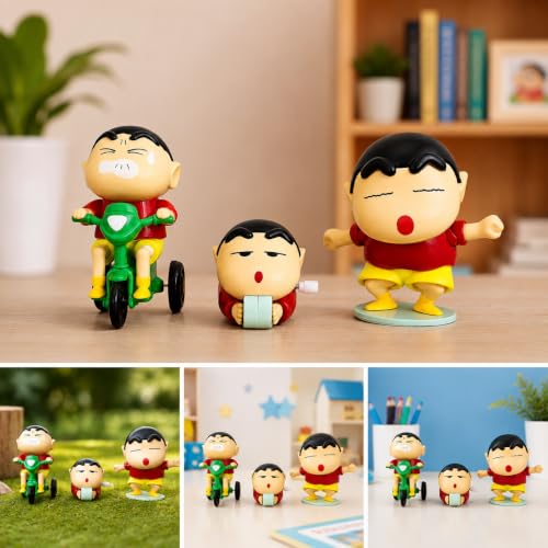 Image of Crayon Shin-chan Toy Set of 3 Moving Mechanical Toys for Kids | PVC Anime Action Figures | Tricycle, Crawling & Dancing Shinchan Collectible Mini Toys (Pack of 3)