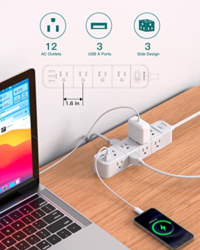 Ultra Thin Flat Plug Extension Cord - Power Strip Surge Protector, 12 Outlets With 3 Usb Ports, Outlet Extender Strip With 5Ft, Wall Mount For Dorm Home Office, Etl Listed #TOP2