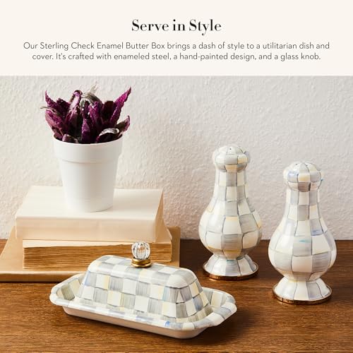 MACKENZIE-CHILDS Enamel Butter Box, Cute Lidded Butter Dish, Gray-and-White Sterling Check