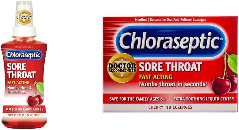 Sore Throat Spray, Cherry, 6 fl oz, 1 Bottle Sore Throat Lozenges, Cherry 18 Count