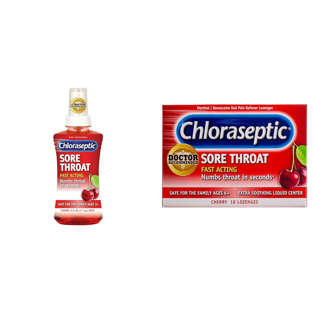 Chloraseptic Sore Throat Spray, Cherry, 6 fl oz, 1 Bottle Sore Throat Lozenges, Cherry 18 Count