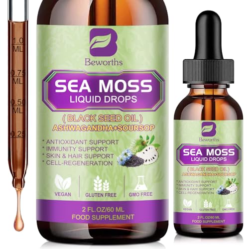 Sea Moss Liquid Drop - Black Seed Oil & Irish Sea Moss Gel with Ashwagandha, Soursop Bitters, Burdock Root, Bladderwrack, Elderberry, 6X Stronger Seamoss Supplment for Immune, Gut Health, Hair Support