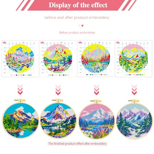 Image of Zhenqing 4 Pack Four Seasons Landscape Stamped Cross Stitch Kit, 11CT Printed Mountain Lake Scenery Patterns with Hoop and Tools, DIY Embroidery Set for Adults and Beginners