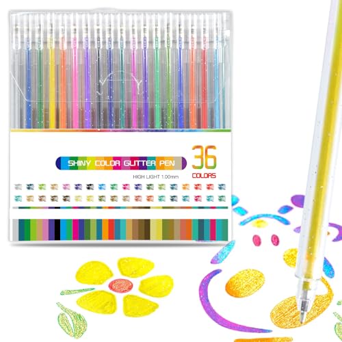 Elezeal Bolígrafos de gel con purpurina, bolígrafos de gel metálicos surtidos con punta de 1,0 mm, bolígrafo brillante de colores para adultos, dibujar, escribir, anotar (juego de 36)