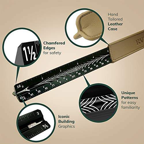 Esquisse By Rvra - Architectural Scale Ruler In Vegan Leather Case - Black Triangular Ruler Imperial Scales Chamfered Safe Edge Precision Drafting Tool #TOP3