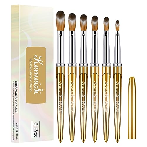 KEMEISI Acrylic Nail Brush Set - 6PCS Kolinsky Nail Art Brushes for Powder Application, Sturdy Handle Oval Shaped DIY Tools for Professional Manicure