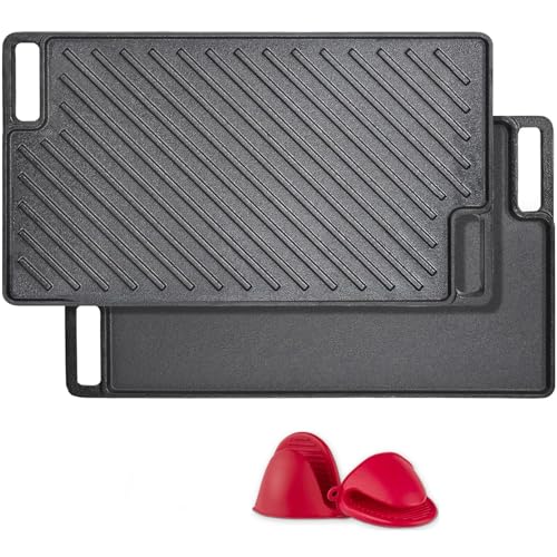 Aping Cast Iron Griddle, Nonstick Reversible Griddle Pan with Mitts for Gas Grill, Cast Iron Griddle Plate for Gas Stove Top, Oven, Outdoor Grill or Campfire,18'' x 10.2''
