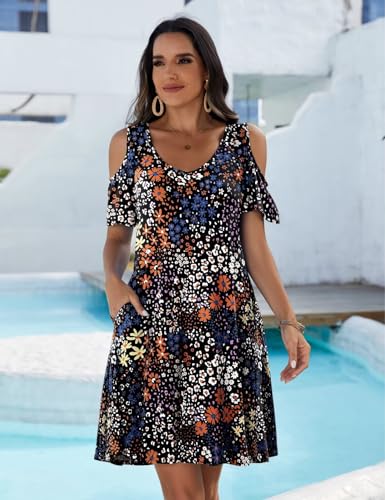 Image of JollieLovin Womens Plus Size Short Sleeve Cold Shoulder V Neck T-Shirt Dress with Pockets