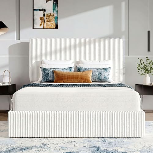 SHA CERLIN cadre lit grand format velours côtelé tête lit ajustable blanc