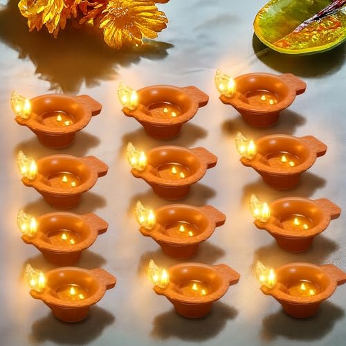 VERVENIX (Pack of 12 Water Sensor LED Light Diyas - Flameless & Smokeless Warm Ambient Tea Light Candles for Diwali, New Year, Home & Mandir Decoration