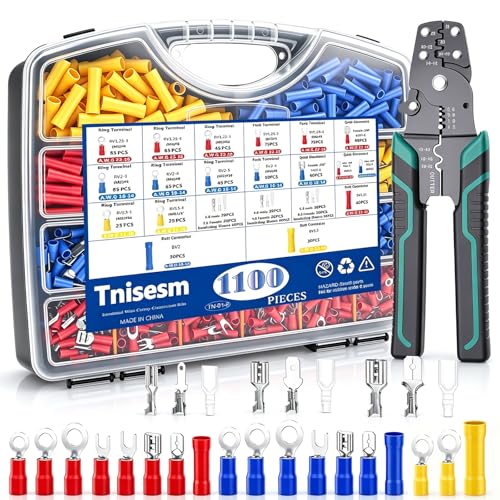 Tnisesm 1100PCS Wire Connector Kit with Crimping Tool, Copper Insulated Electrical Wire Terminals - Ring, Butt, Spade, Fork, Assorted Crimp Connectors in Reusable Carrying Case