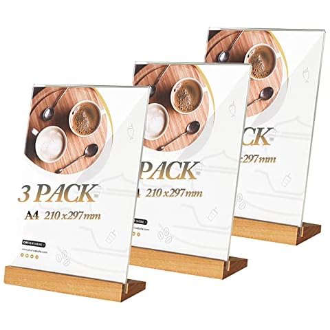 Niciksty A4 Acrylic Sign Holder (3 Pack), Slant Back Design, A4 Plastic Display Stands with Wood Base, for Promotion, Leaflet, Exhibition, Picture, Document, Menu Wedding Etc Cover
