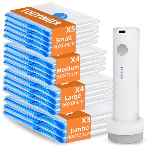 TOUYINGER Vakuumbeutel für Kleidung mit Kabelloser Pumpe, 16 Stück (5x 40x60cm, 4x 50x70cm, 4x 60x80cm, 3x 80x100cm), Platzsparend Vakuumbeutel für Reisen, Umzug, Bettdecken Kleidung Aufbewahrung