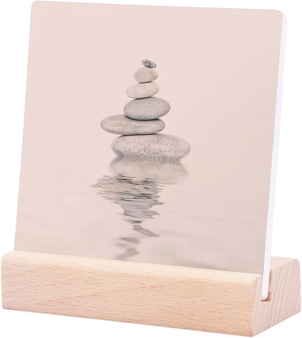 Balanced Harmony Zen Pebble Soft Pink Ceramic Plaque with Wooden - Positive Quote Decor for Nursey Office photostudio Decor and Home Decorations Desk Decoration Plaque