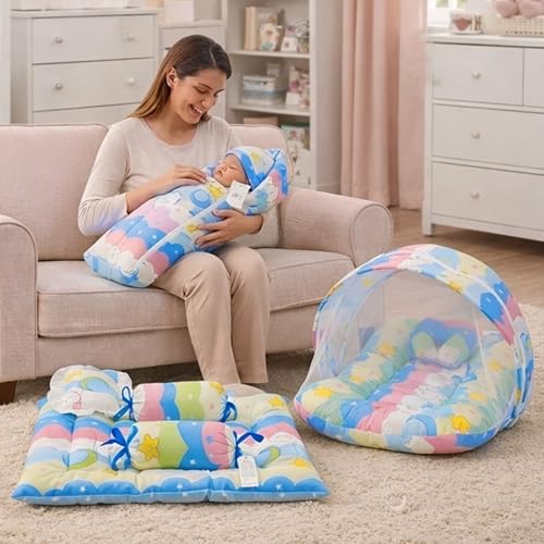 Image of Fareto Combo of Baby Bed with Net | Carry Bag | 4 Pcs Bedding Set (0-6 Months, Baby Size, Cotton) (Blue NEW Star)