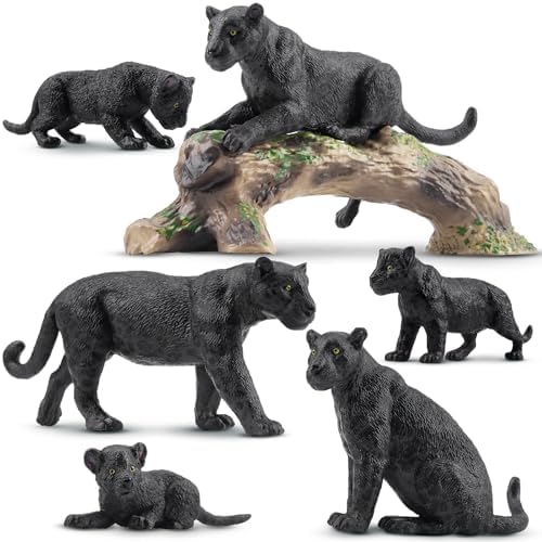 TOYMANY 7PCS Black Panthers Figurines with Cubs and Tree Trunk, Realistic Jungle Animals Figures Family Set, Wildlife Figure, Educational Toy Cake Toppers Christmas Birthday Gift for Kids Toddlers