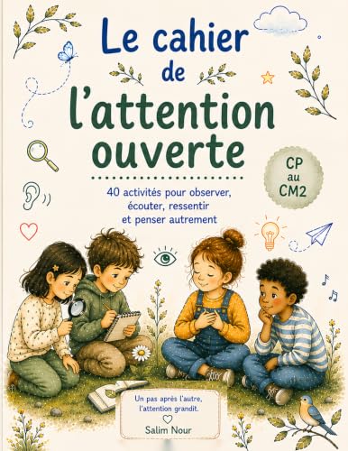 Le Cahier de l'attention ouverte: 40 activités pour apprendre à observer, écouter, ressentir et penser autrement — CP au CM2 (French Edition)